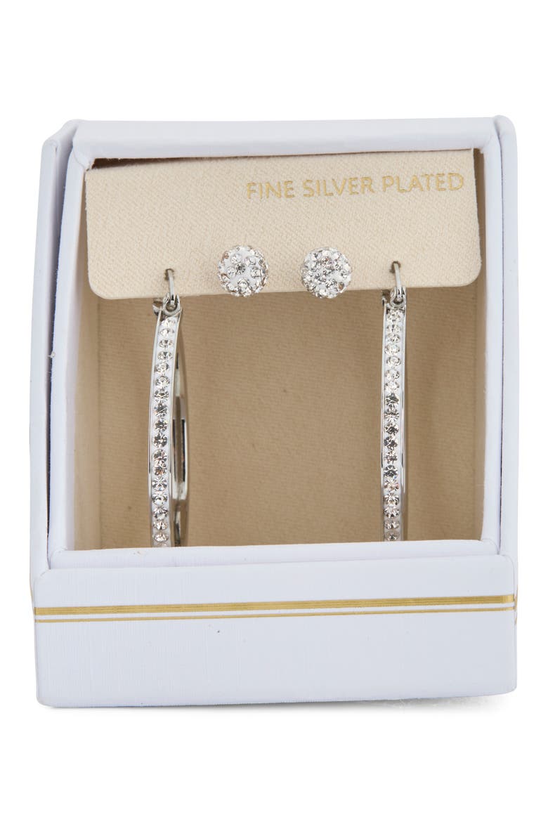 Set of 2 Cubic Zirconia Ball Stud & Hoop Earrings, Main, color, CLEAR- SILVER