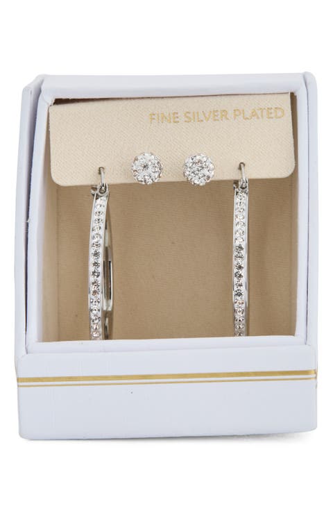 Set of 2 Cubic Zirconia Ball Stud & Hoop Earrings