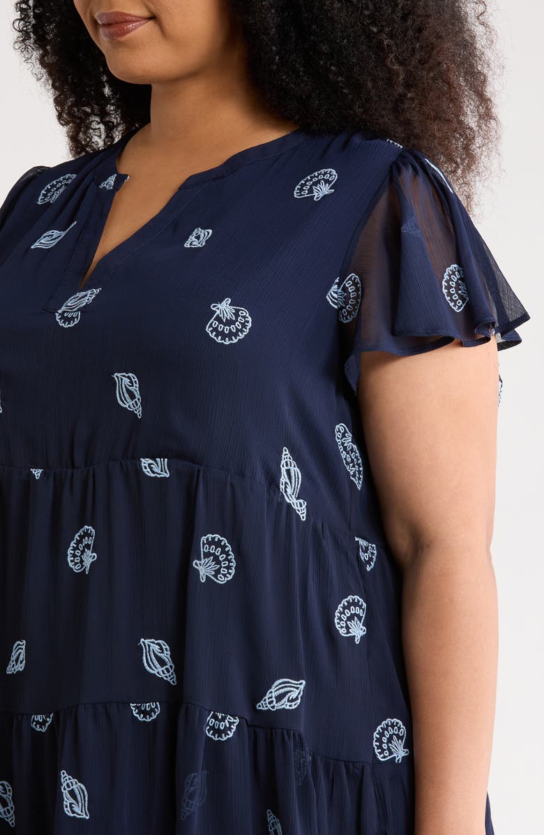 CeCe Embroidered Flutter Sleeve Dress, Alternate, color, Classic Navy