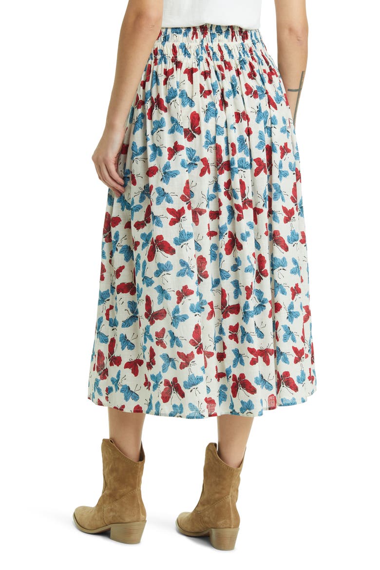 The Viola Butterfly Smocked Waist Cotton Midi Skirt, Alternate, color, BUTTERFLY FLORAL