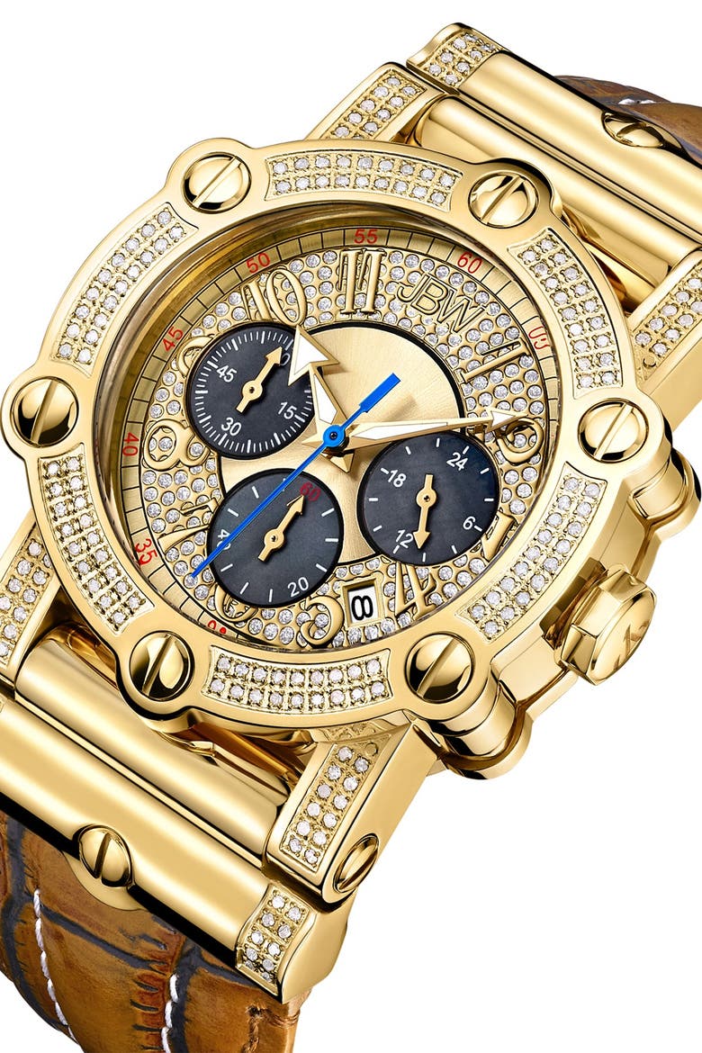 Phantom 10 Year Chronograph Diamond Croc Embossed Leather Strap Watch, 42mm - 1.96 ctw, Alternate, color, GOLD