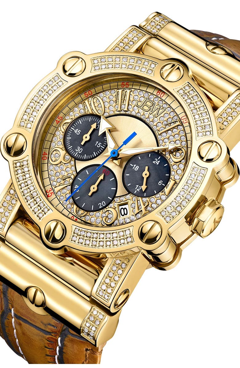 JBW Phantom 10 Year Chronograph Diamond Croc Embossed Leather Strap Watch, 42mm - 1.96 ctw, Alternate, color, 