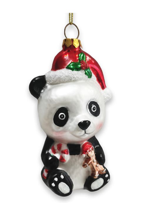 Santa Hat Panda With Candy Cane Glass Ornament