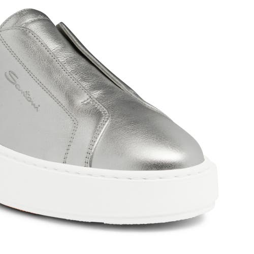 Santoni Silver Laminated Leather Slip-on Sneaker In Silver