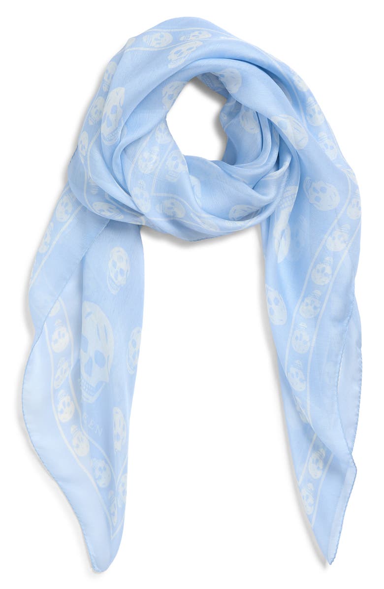McQueen Skull Print Silk Scarf, Alternate, color, Iceblue/ White