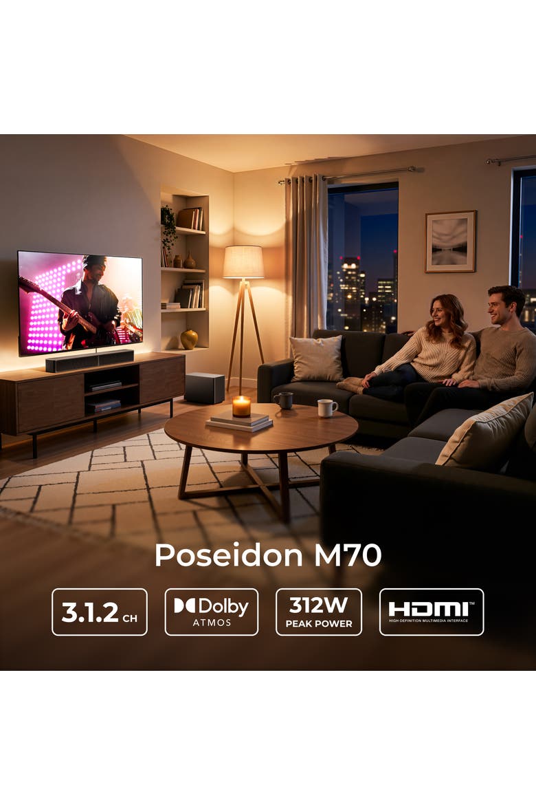 Poseidon M70 3.1.2ch Dolby Atmos Sound Bar with Wireless Subwoofer, 312W, HDMI eARC, Bluetooth 6.0, Alternate, color, Black