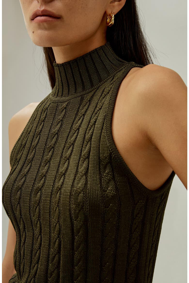Women's Classic High-Neck Cable-Knit Sleeveless Silk Top, Alternate, color, Pine