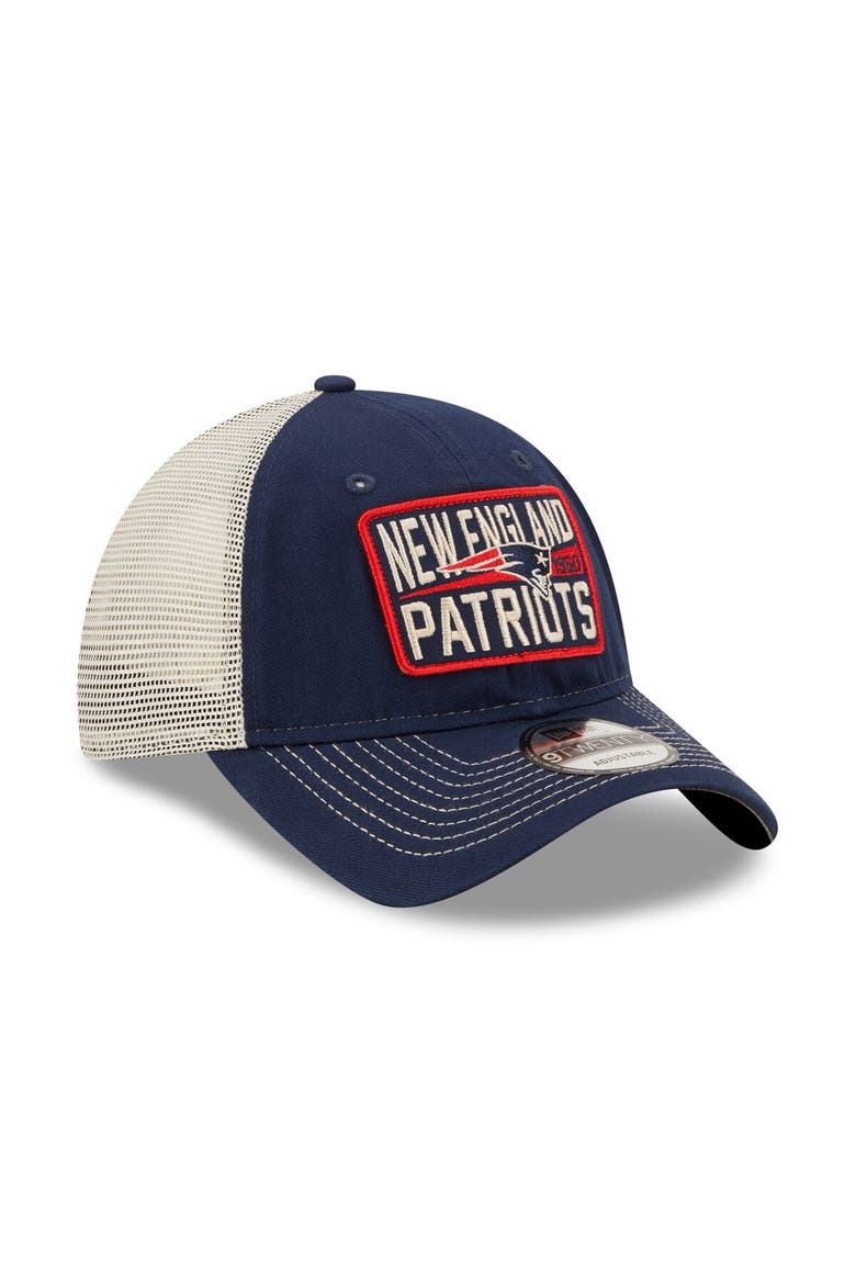 Men's New Era  Navy/Natural New England Patriots  Devoted Trucker 9TWENTY Snapback Hat, Alternate, color, Navy