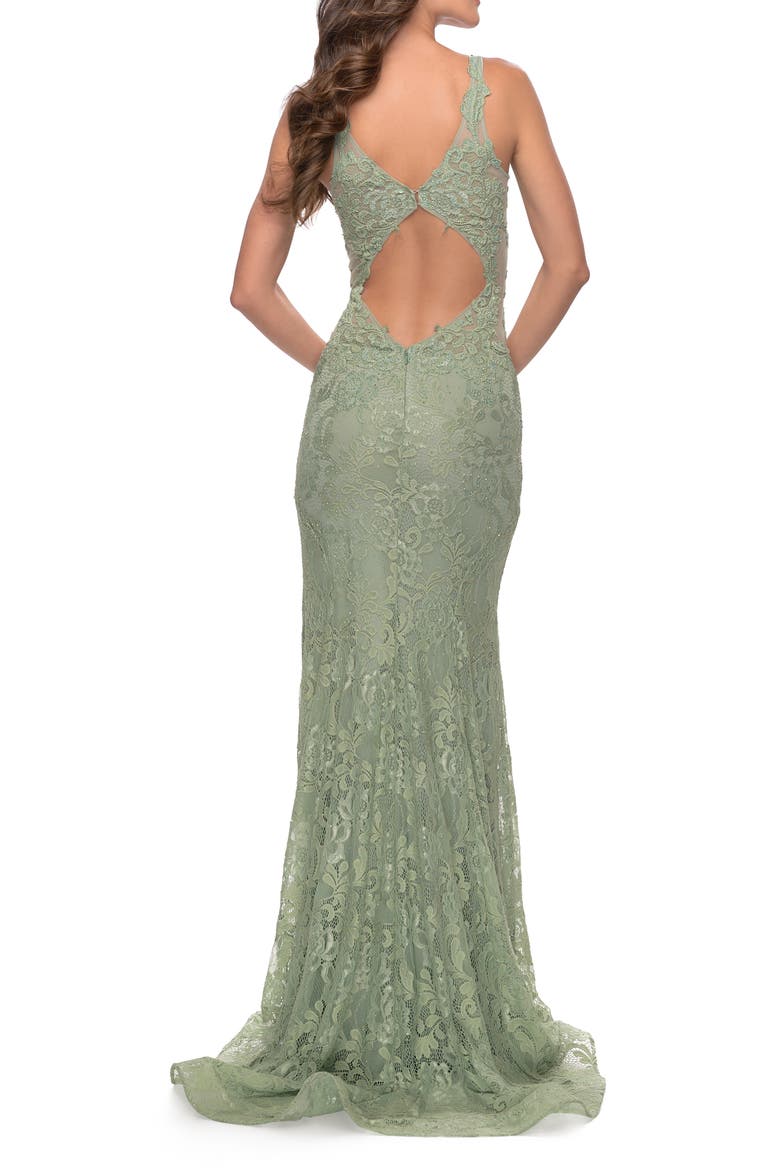 Fitted Stretch Lace Gown with Deep V and Beading, Alternate, color, Sage