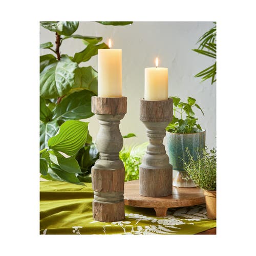 Tag Rustic Turned Pillar Candle Holder Antique Bronze Wood Stand In Brown