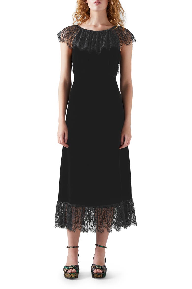Anouk Lace Trim Velvet Dress, Main, color, BLACK