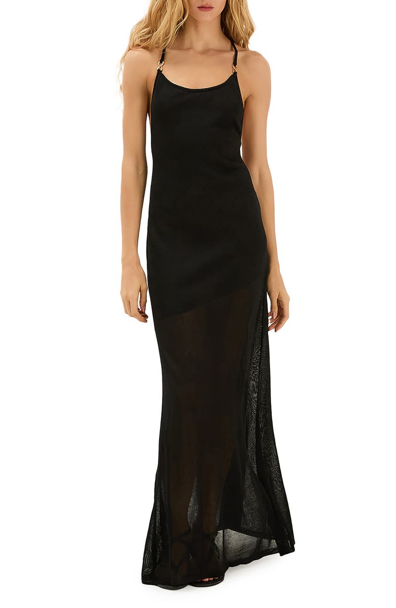 ViX Paula Hermanny Daphne Semisheer Linen & Cotton Cover-Up Maxi Sundress, Main, color, Black