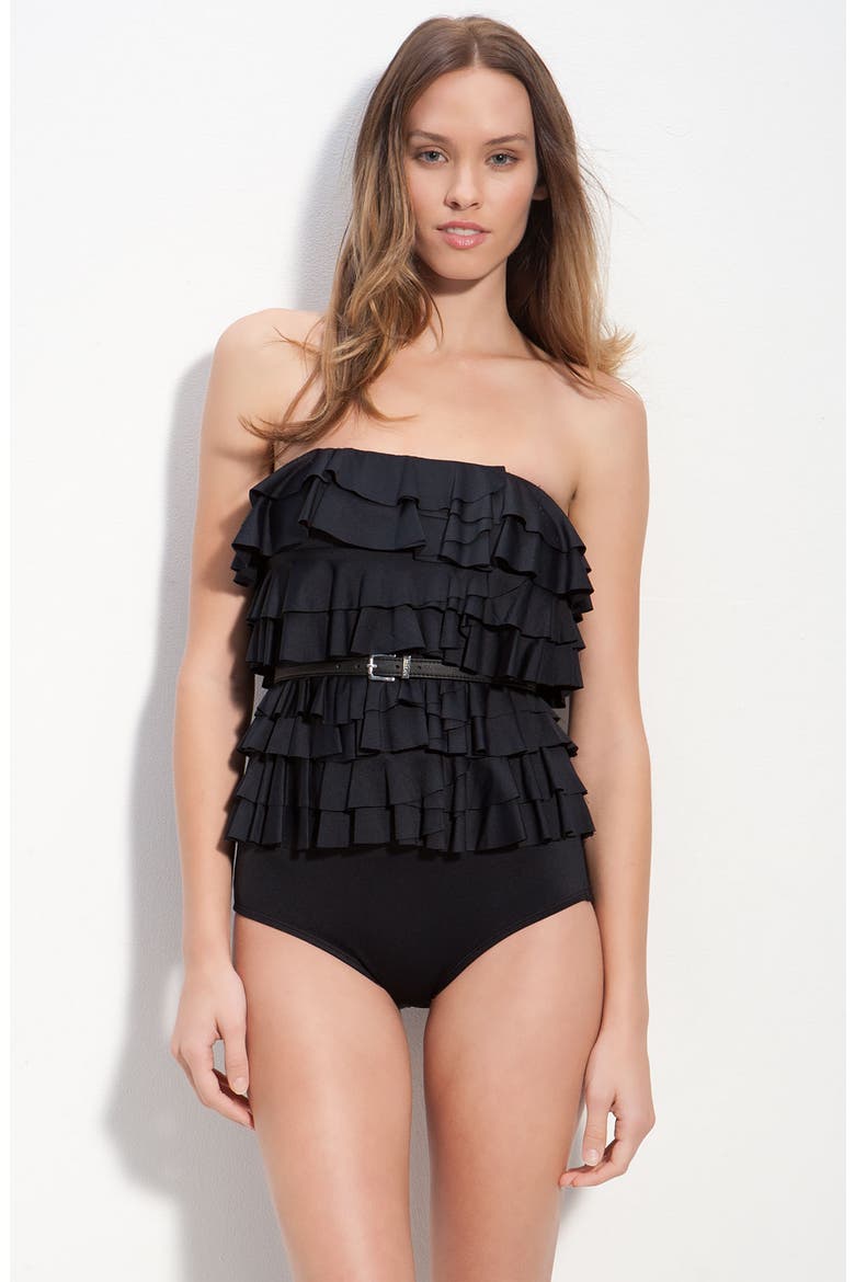 'Cascading Ruffle' One Piece Bandeau Swimsuit, Main, color, BLACK
