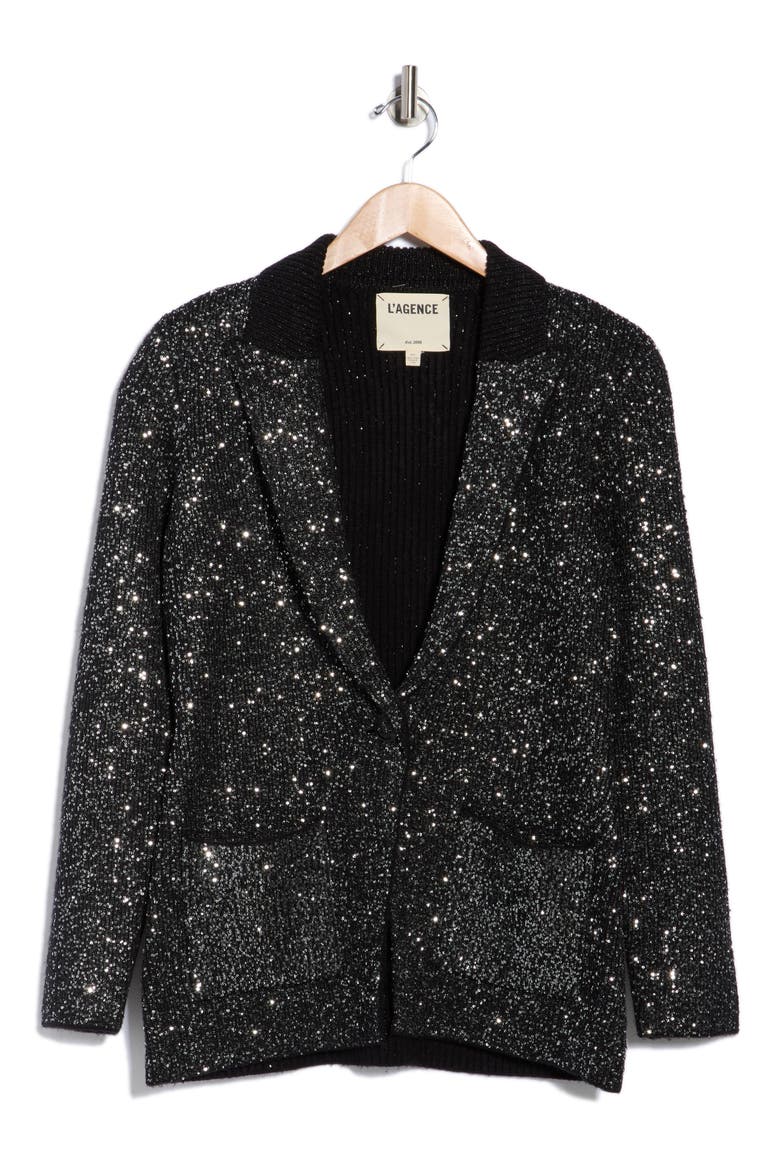 Leonora Sequin Knit Blazer, Alternate, color, BLACK/ SILVER SEQUIN