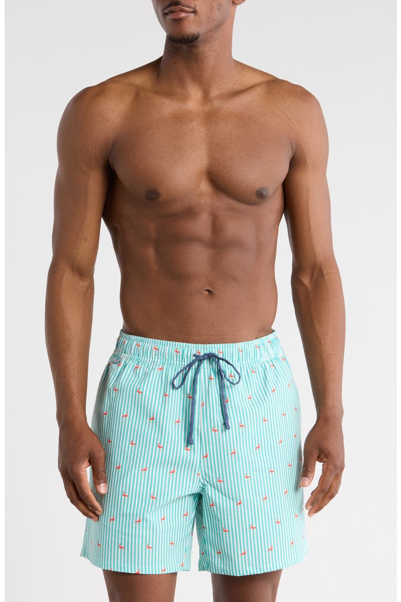 Flamingo Seersucker Swim Trunks, Main, color, BLUE TURQUOISE FLAMINGO