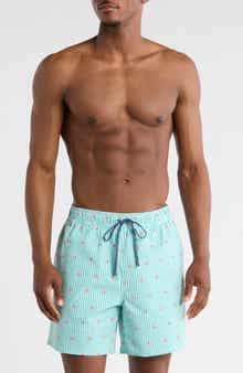 Rainforest Flamingo Seersucker Swim Trunks
