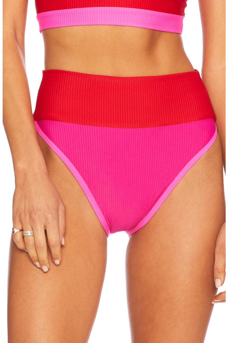 Emmy Colorblock High Waist Bikini Bottoms, Main, color, FUCHSIA RED NEON PINK