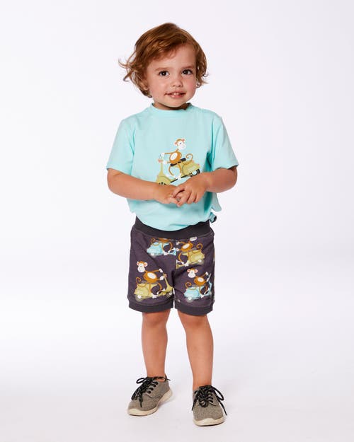 Deux Par Deux Baby Boy's Two-piece Top And Short Set Monkey On Navy And Turquoise Moped In Monkey On Navy And Turquoise