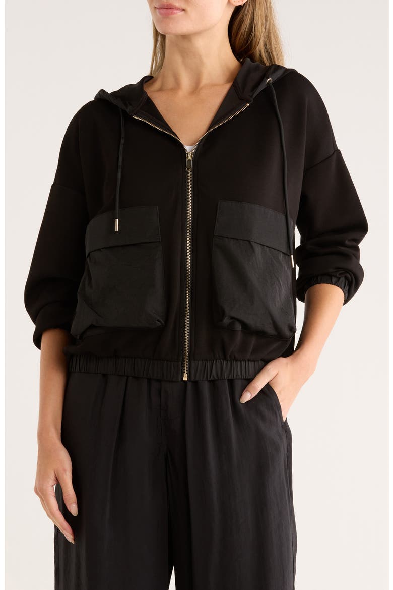 Mixed Media Zip Up Hoodie, Main, color, BLACK