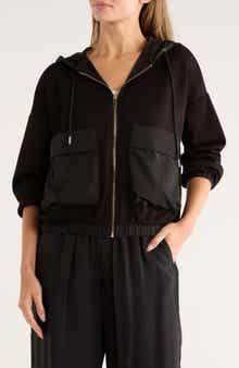 T Tahari Mixed Media Zip Up Hoodie
