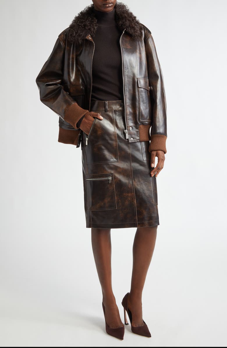 Michael Kors Collection Leather & Genuine Shearling Bomber Jacket, Alternate, color,