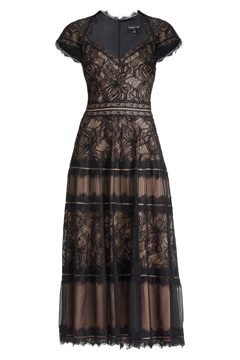 Lace V-Neck Midi Dress, Alternate, color, BLACK/ NUDE