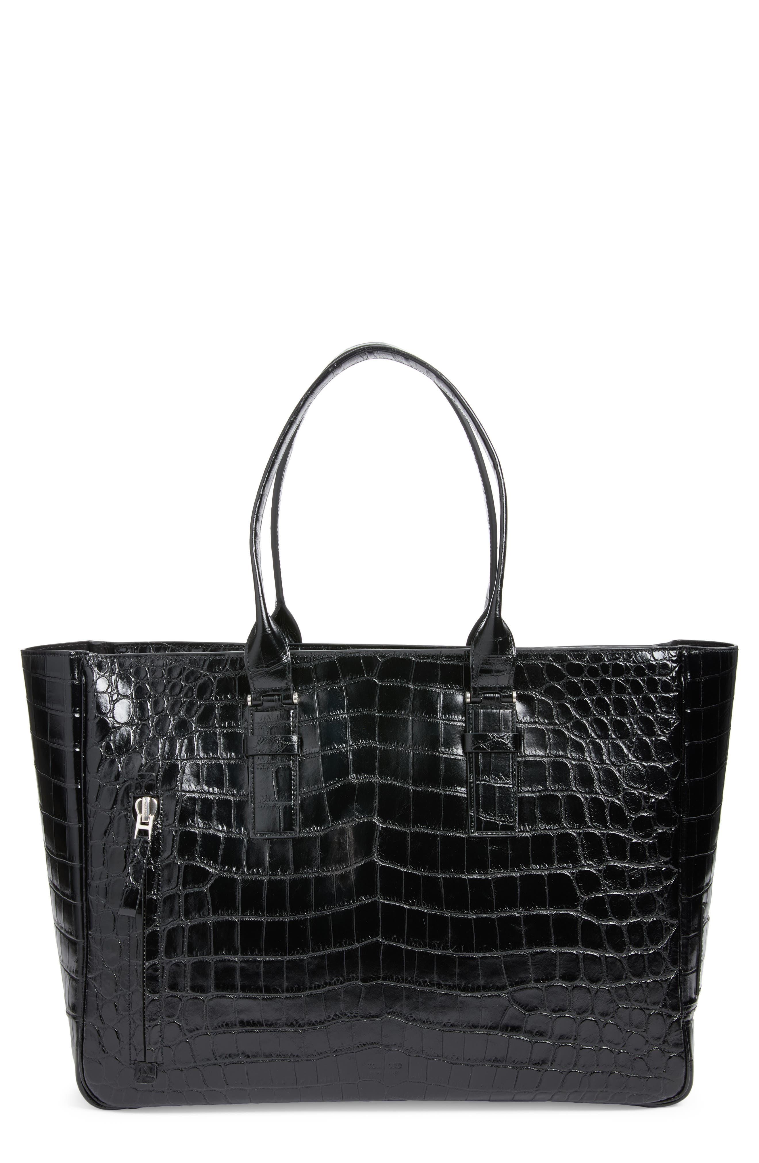 Victor Croc Embossed Leather Tote, Main, color, BLACK