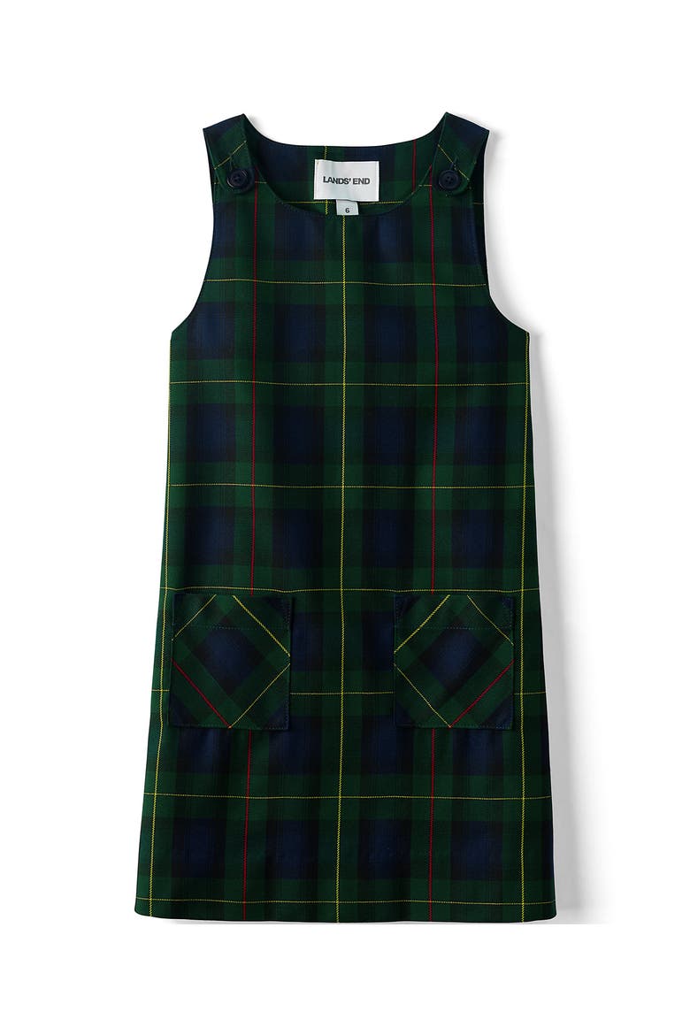 Girls Plaid Button Shoulder Patch Pocket Jumper, Alternate, color, Hunter/Classic Navy Plaid