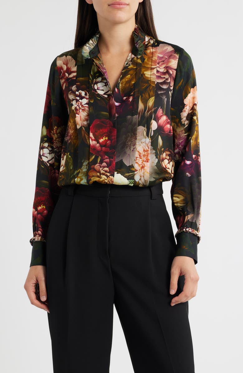 Elie Tahari The Brie Floral Print Woven Shirt, Main, color, Black Enchanted Floral