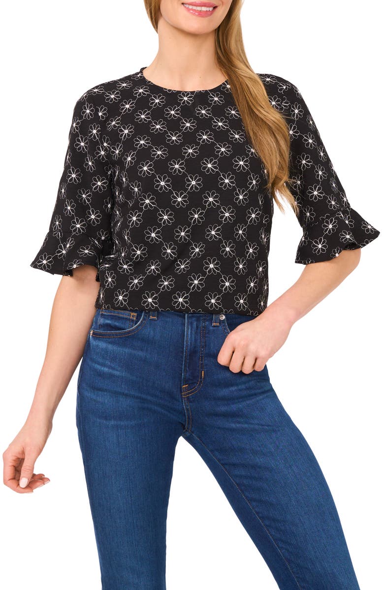 CeCe Floral Embroidered Ruffle Cuff Top, Main, color, Rich Black