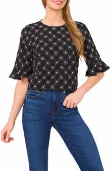 CeCe Floral Embroidered Ruffle Cuff Top