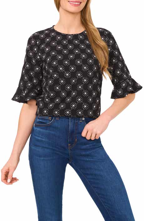 CeCe Floral Embroidered Ruffle Cuff Top
