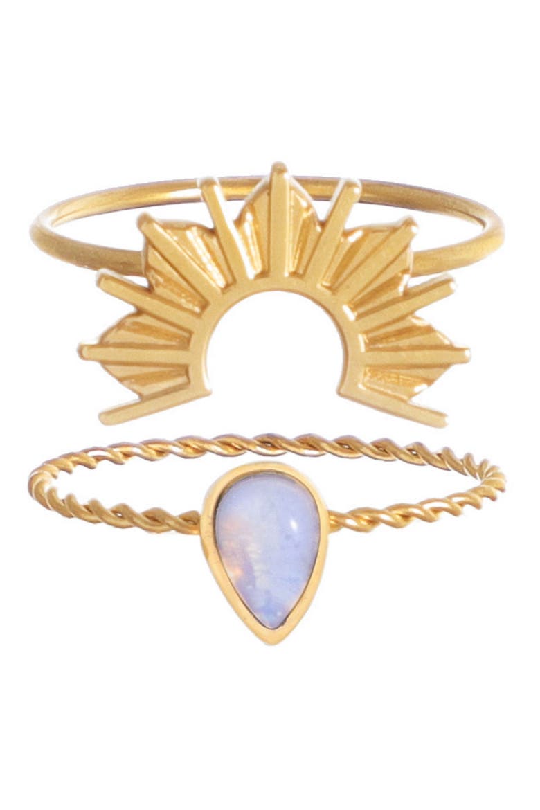 Set of 2 18K Gold Plated Synthetic Opal & Sunrise Rings, Alternate, color, GOLD