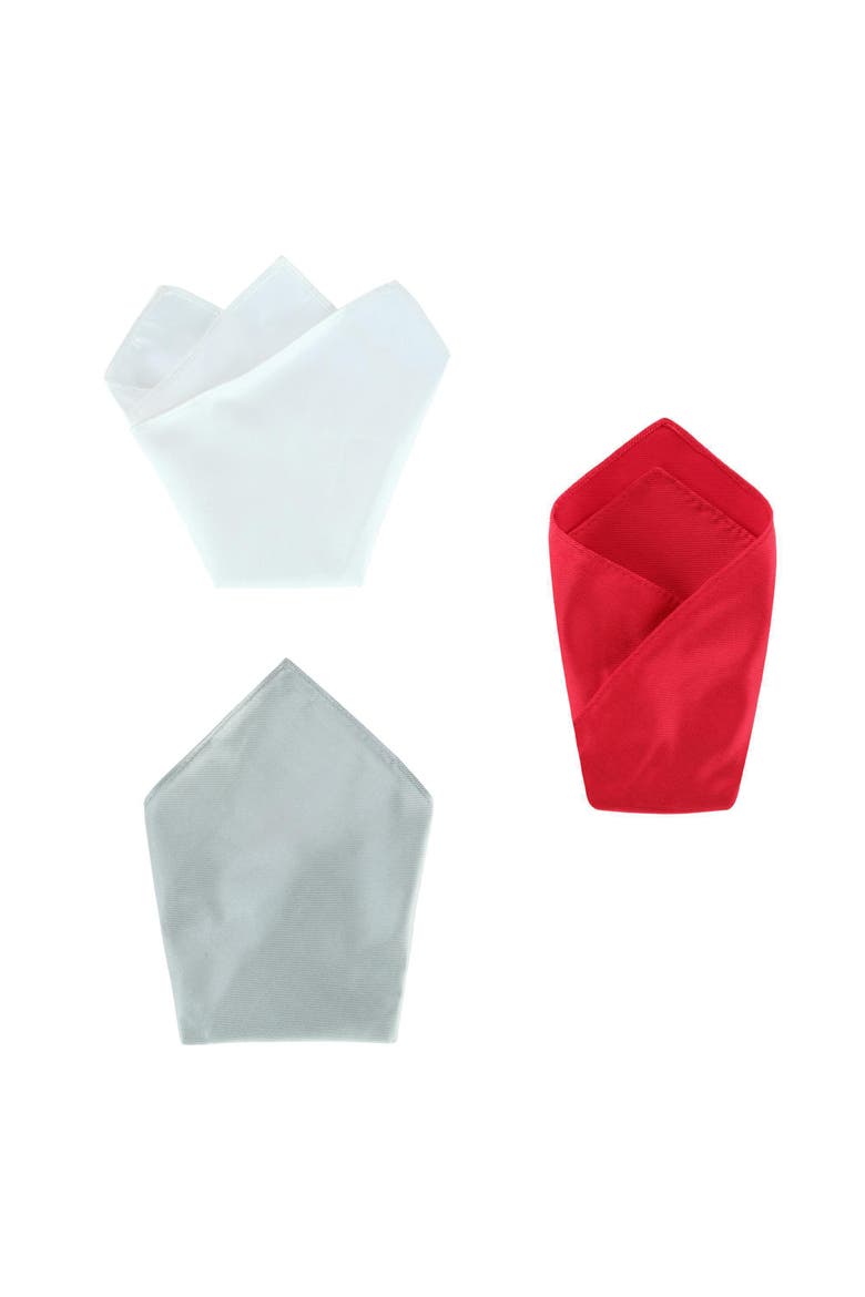The Gatsby 12 inch Solid Silk Pocket Square Trio, Main, color, Red, Silver, and White