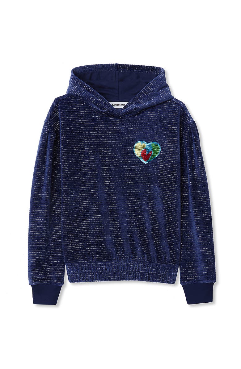 Lands' End Girls Velour Hoodie Sweatshirt, Main, color, Navy Multi Hearts Stripe