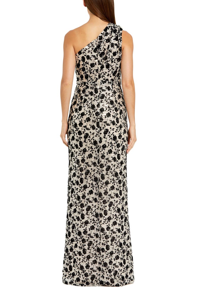 Women's One Shoulder Sequin Gown with Floral Velvet Detail, Alternate, color, Champagne