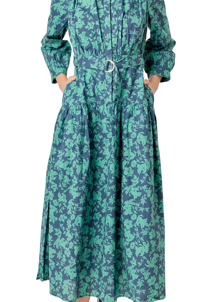 Belted Tiered Print Long Sleeve Cotton Midi Dress, Alternate, color, NAVY/ GREEN
