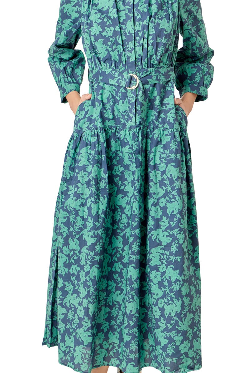 English Factory Belted Tiered Print Long Sleeve Cotton Midi Dress, Alternate, color, Navy/ Green