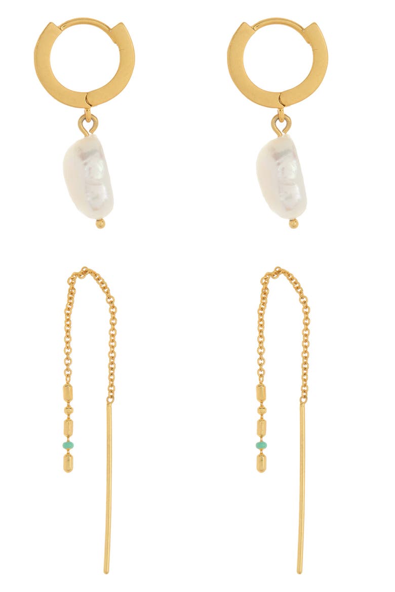 Gold Plated Keshi 4mm Freshwater Pearl Crystal 2-Piece Earring Set, Alternate, color, VINTAGE GOLD