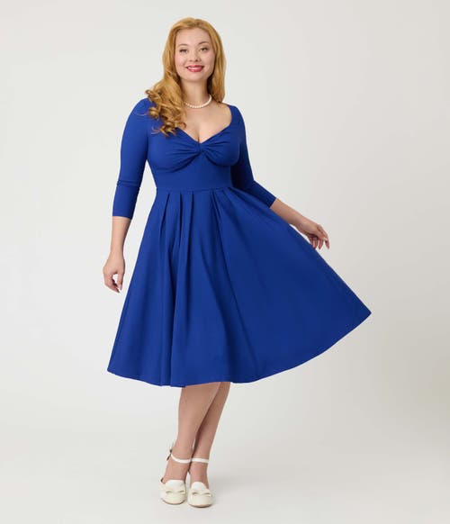 Unique Vintage 1950s Front Twist Swing Dress In Blue