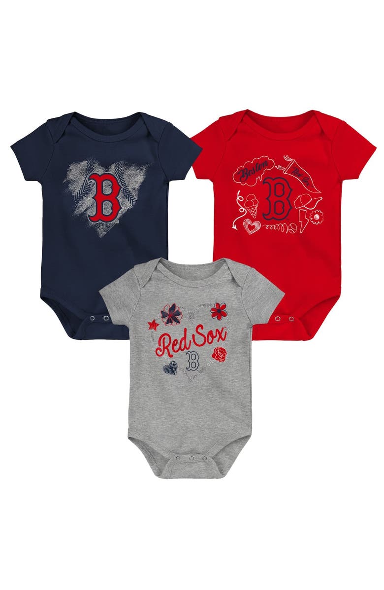 Outerstuff Girls Newborn & Infant Navy/Red/Heathered Gray Boston Red Sox 3-Pack Batter Up Bodysuit Set, Main, color, Navy