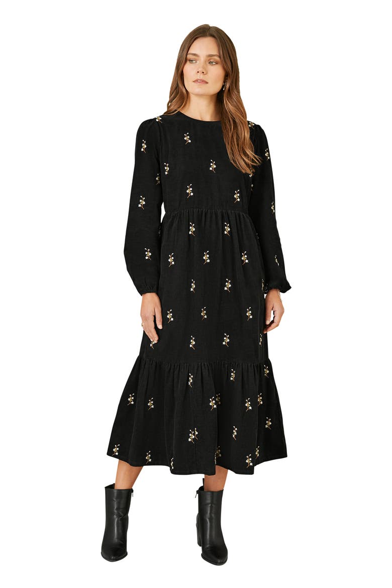 Long Sleeve Midi Floral Dress, Alternate, color, Black
