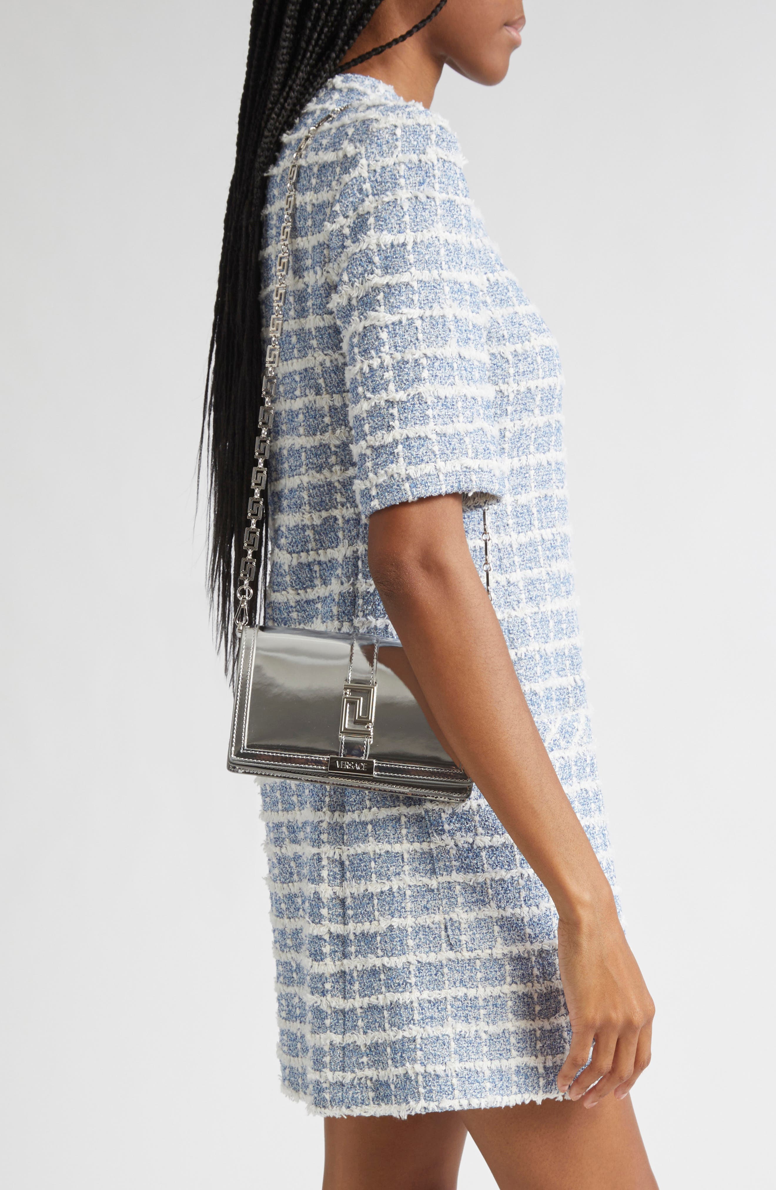 Versace Greca Metallic Leather Wallet on a Chain, Alternate, color, Silver Palladium