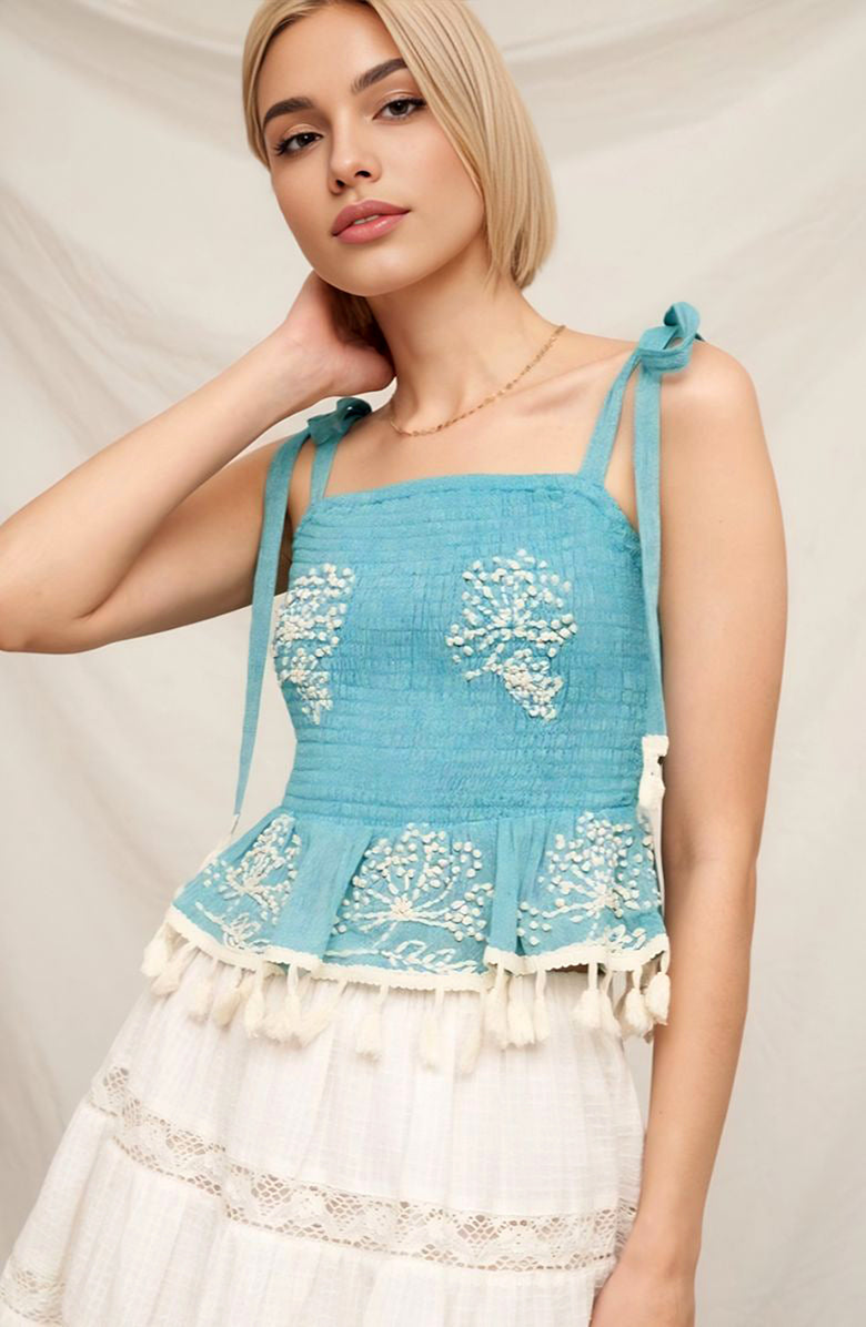 Knit and Lounge Boho Embroidered Smocked Peplum Tank Top, Alternate, color, Blue