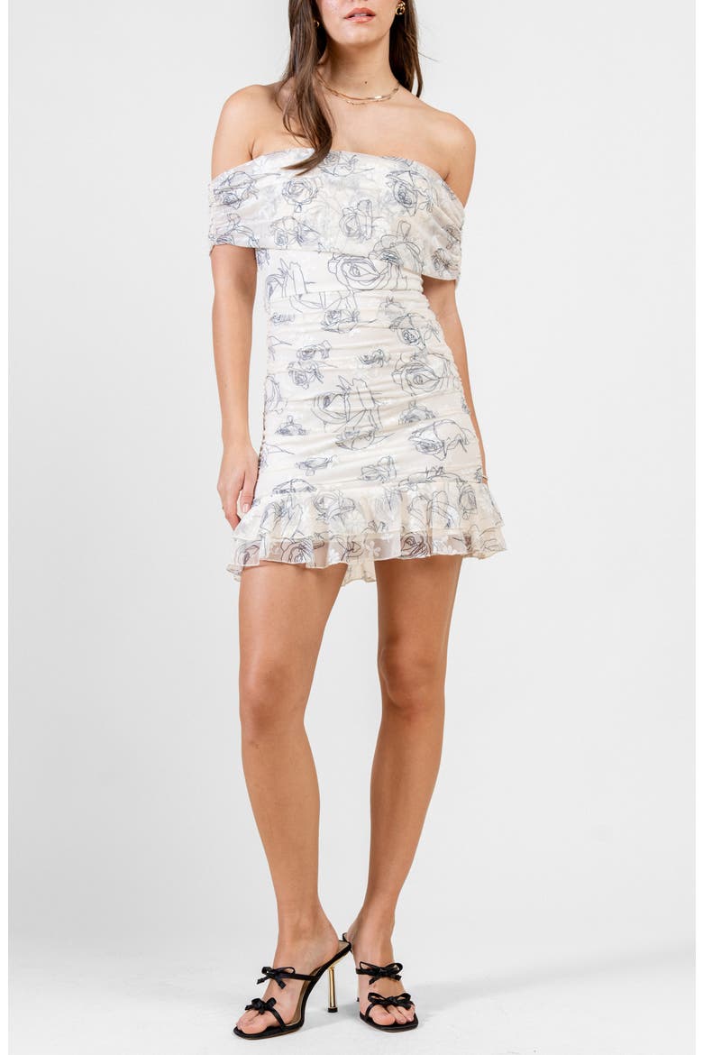 Floral Mesh Off the Shoulder Ruched Minidress, Main, color, IVORY CHARCOAL