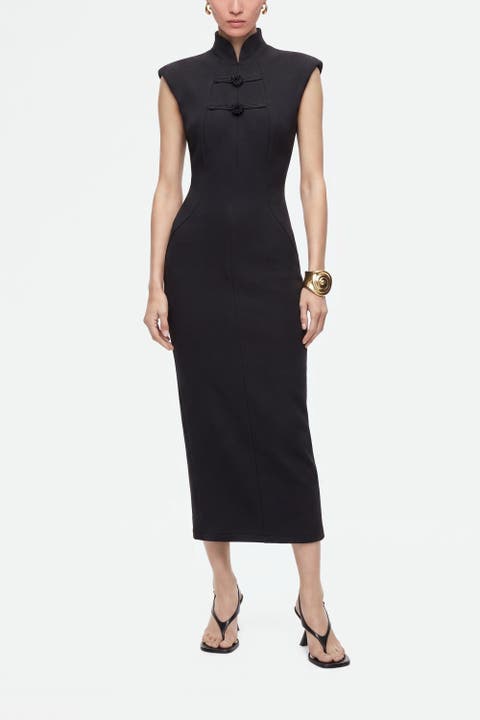 Padded Shoulder Button Detail Maxi Dress