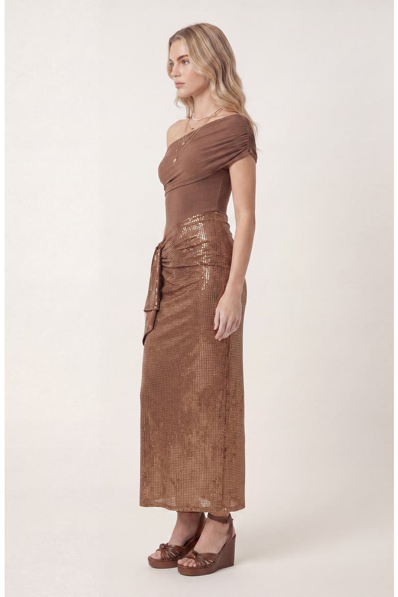 One Shoulder Ruched Maxi Dress, Alternate, color, Bronze