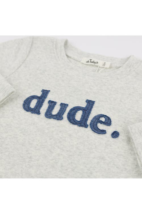 Oh Baby ! Denim "dude" Applique Raw Edge Baby Rib Long Sleeve Tee In Heather Grey