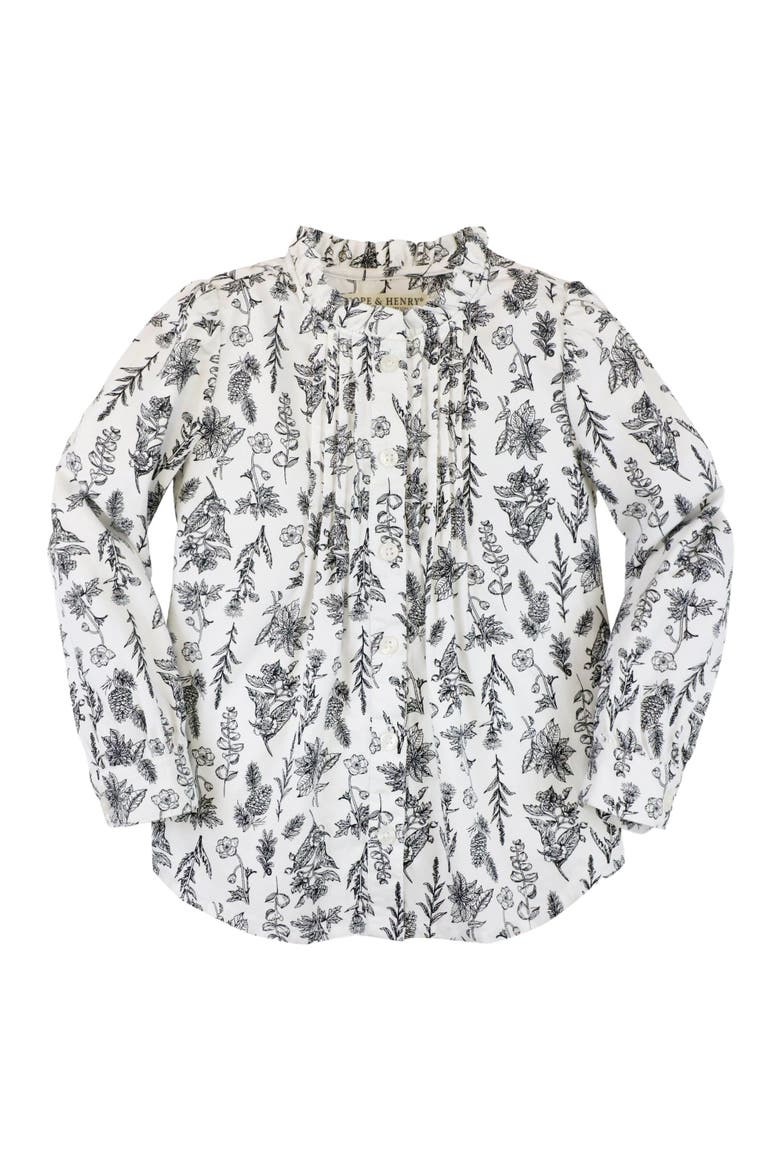 Girls' Organic Pintuck Button Down Blouse, Toddler, Alternate, color, Black Winter Botanical