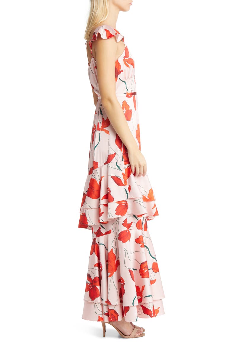 Senna Floral Tiered Wrap Maxi Dress, Alternate, color, BLUSH RED POPPIES SATIN